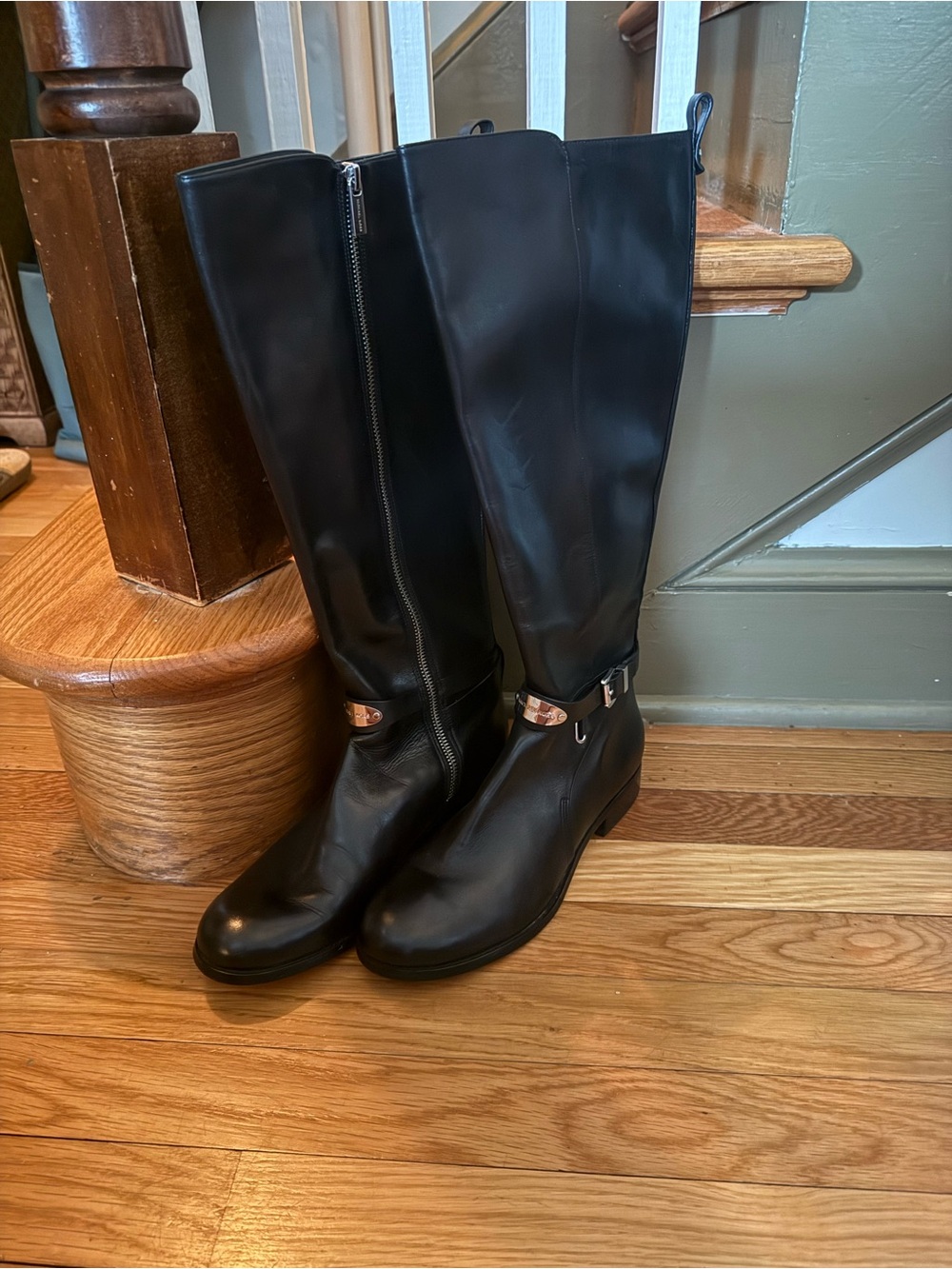 Michael Kors Black Knee-High Heeled Boots with Silver Buckle Accent
